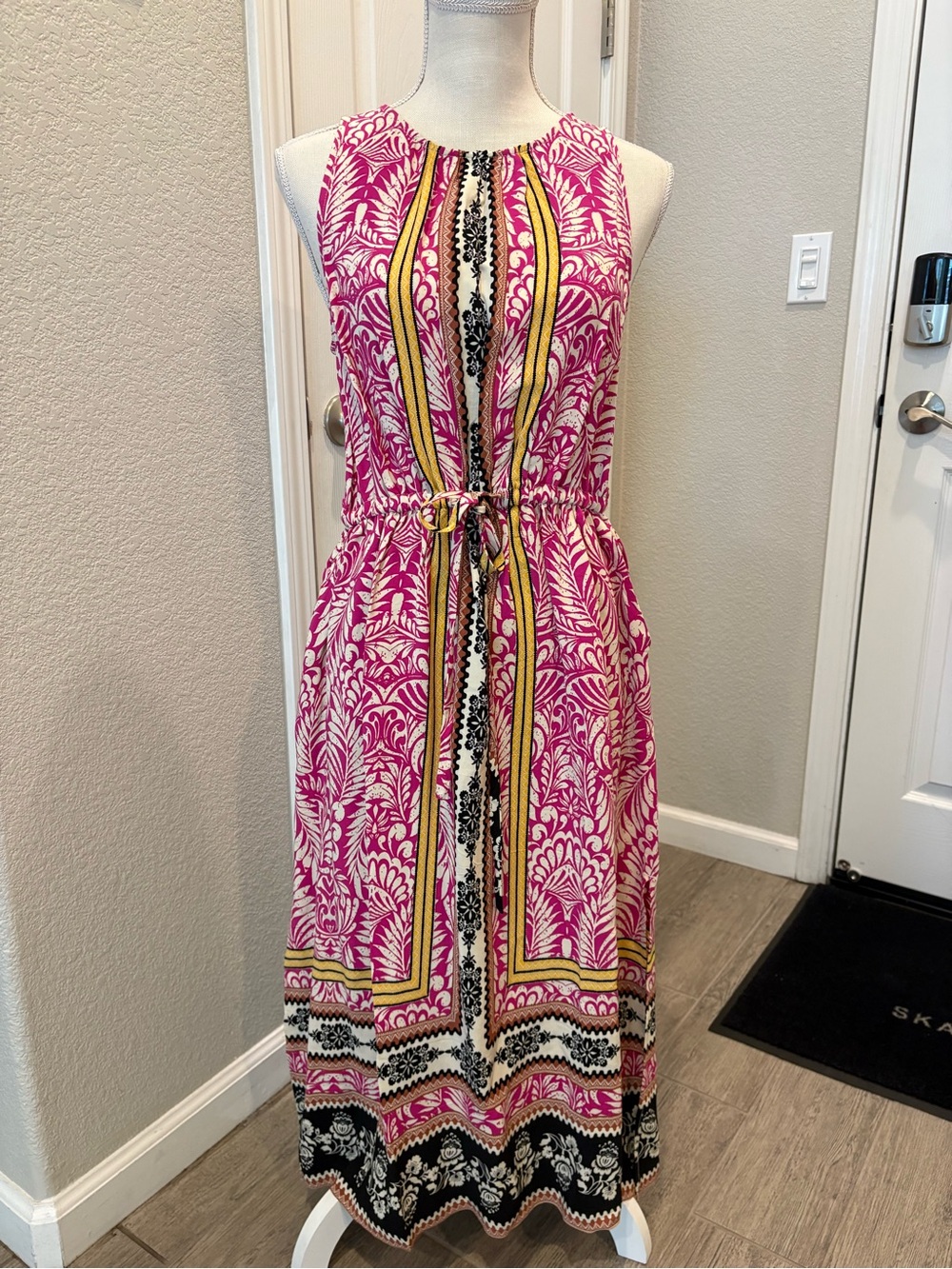 LOFT Pink Printed Sleeveless Midi Dress with Yellow Trim